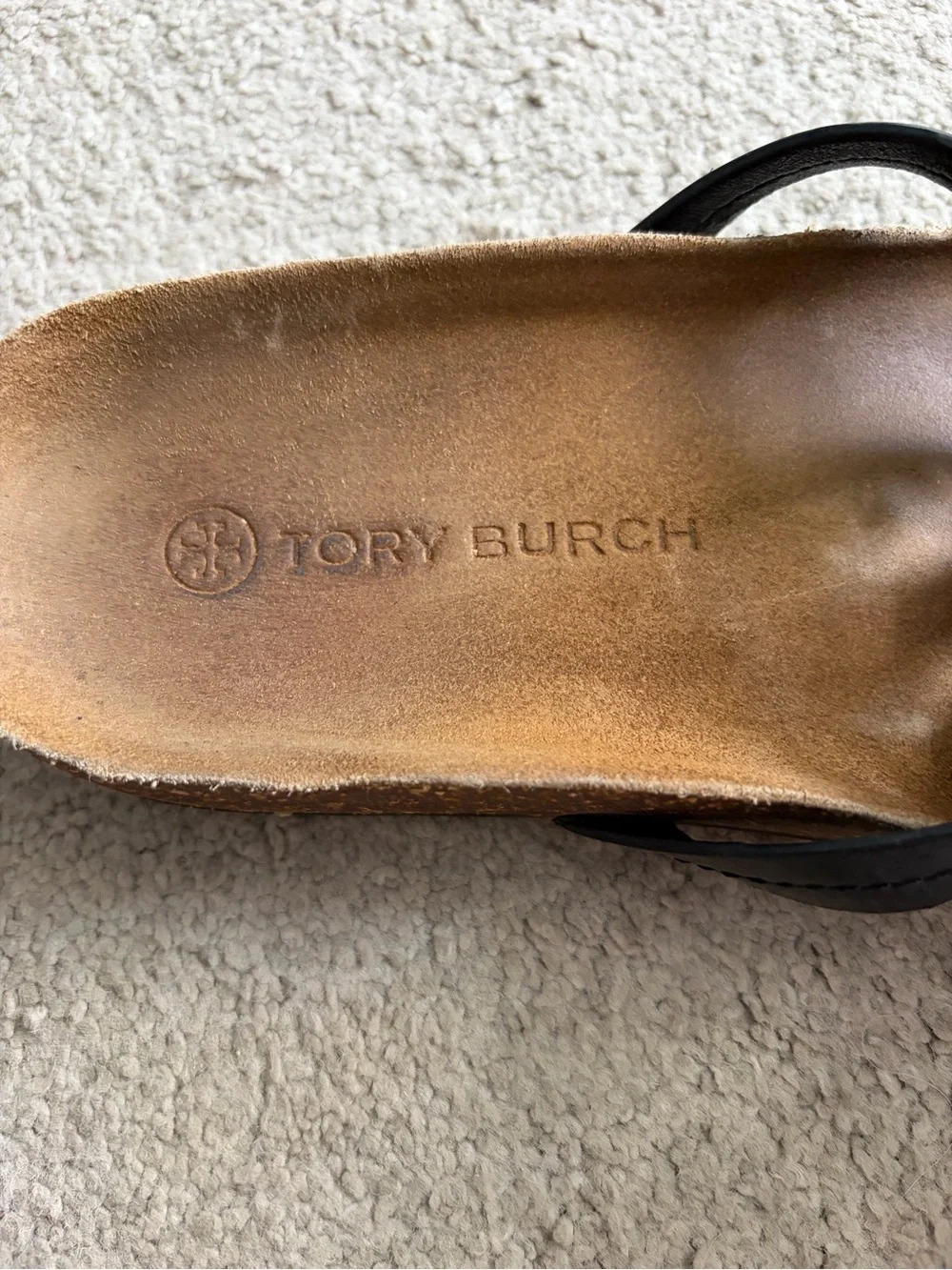 Tory Burch Miller Cloud Black Patent Leather Sz 8 Sandal w/ Brown Cork Footbed